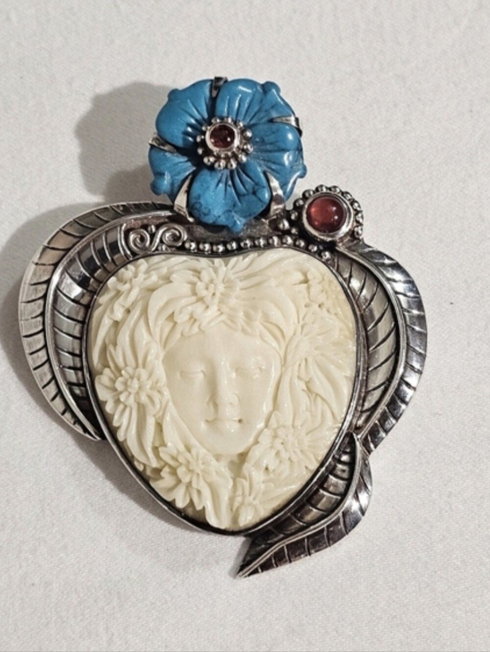 Vintage Sajen Sterling Silver Carved Goddess Face Brooch / Pendant Accent Stones